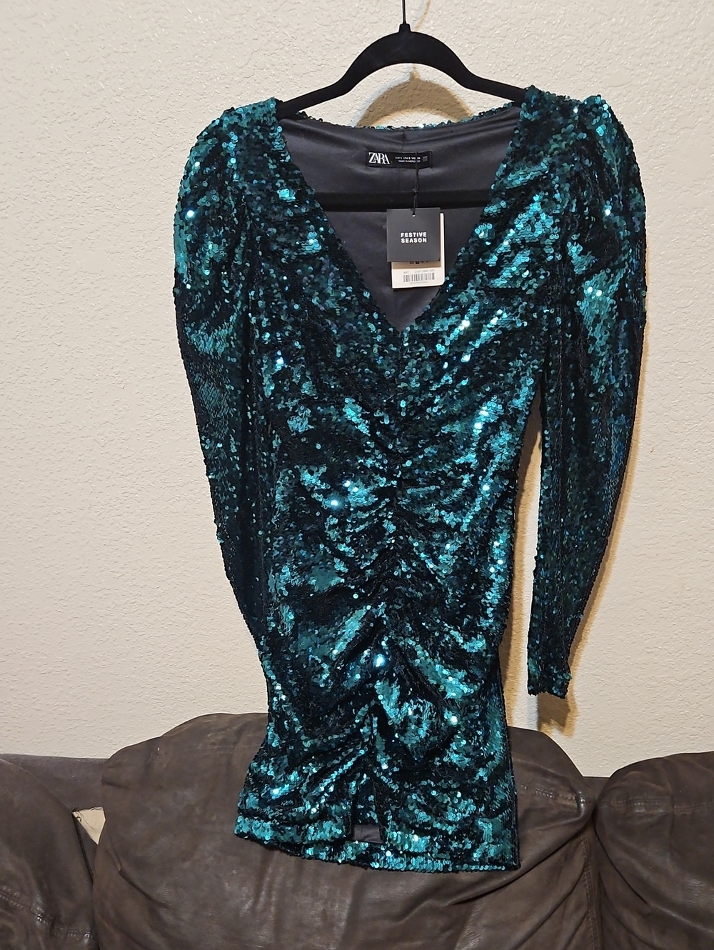 Zara Teal Sequin Long Sleeve V-Neck Mini Dress